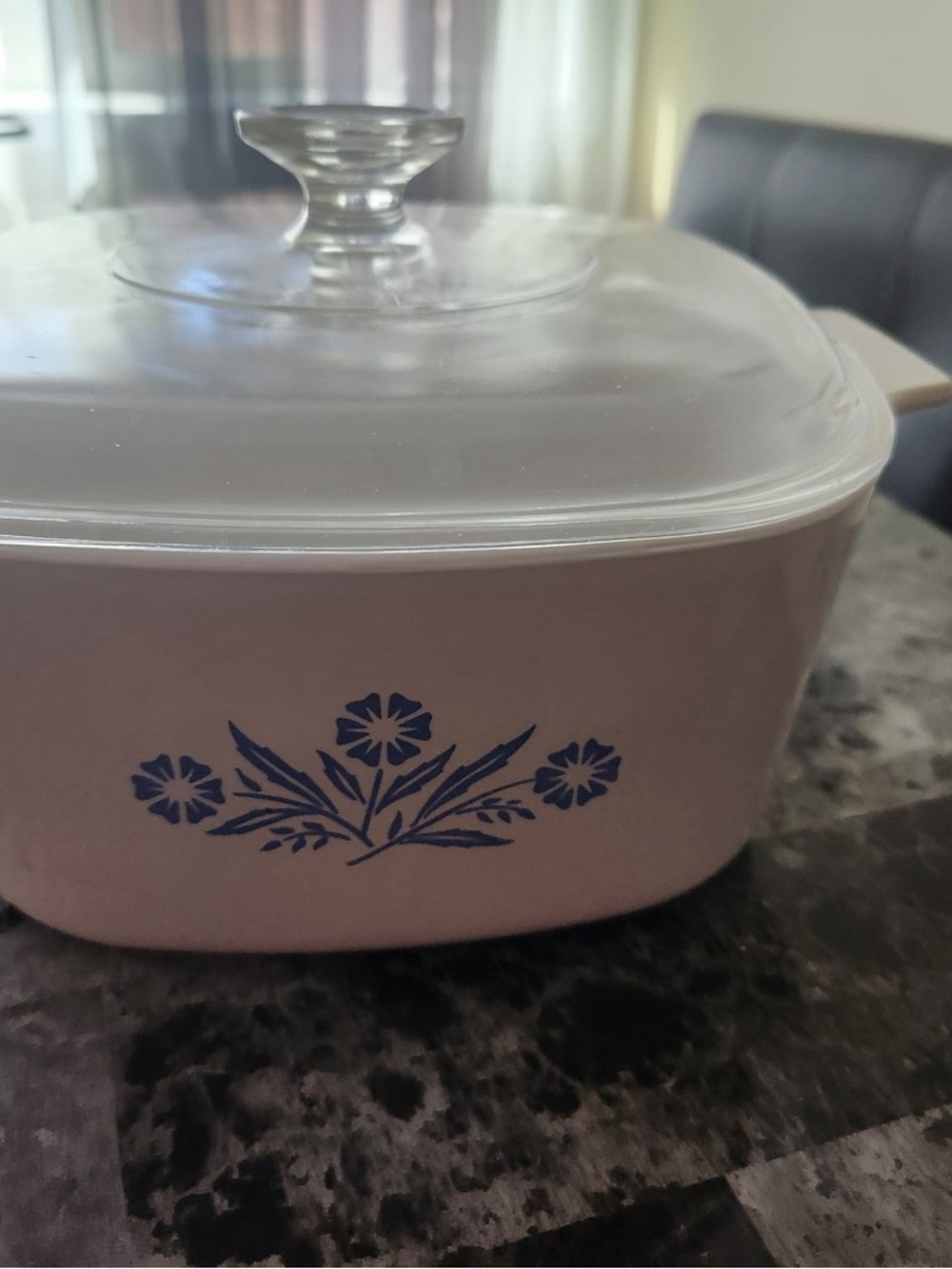 Corningware Pink Casserole with Blue Cornflower Motif and Glass Lid
